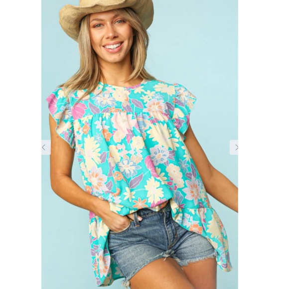 "The Bryn" Blue Tiered Floral Frill Sleeve Top - Picture 2 of 3